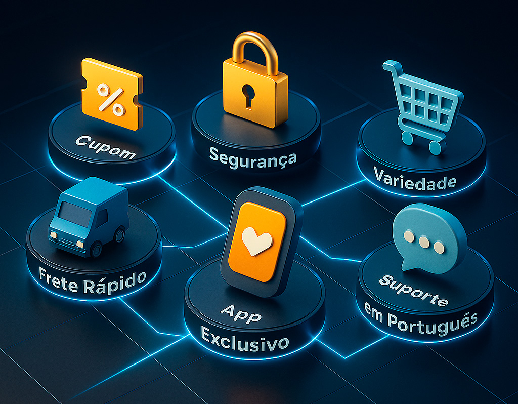 diferenciais da AliExpress Brasil como frete rápido, cupons, variedade e proteção ao consumidor