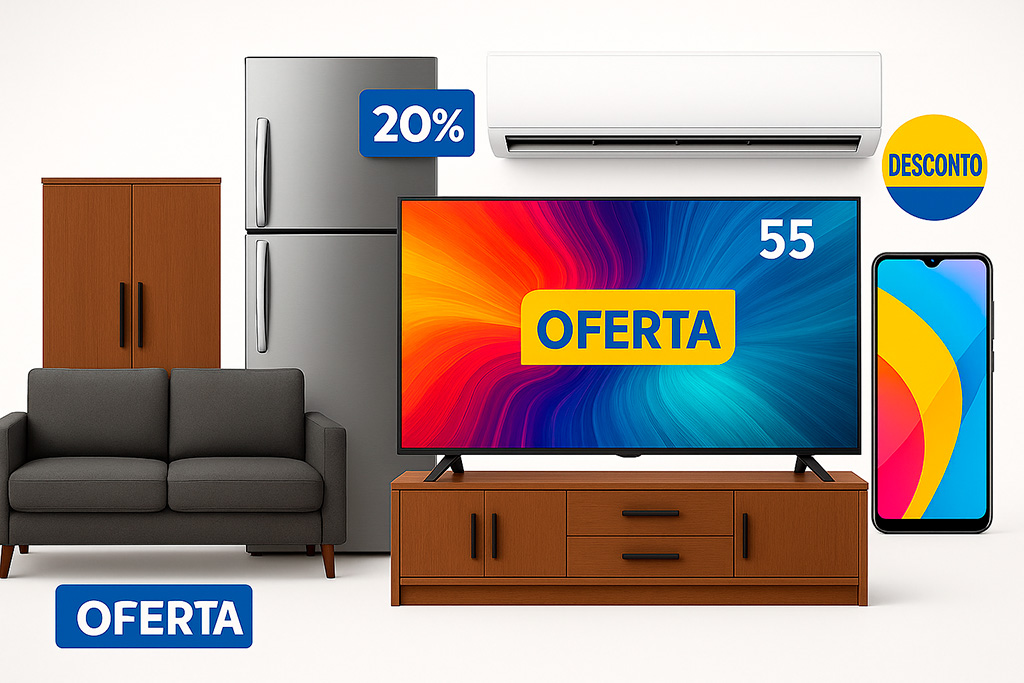 produtos variados da Gazin como móveis, eletrodomésticos, smartphones e TVs