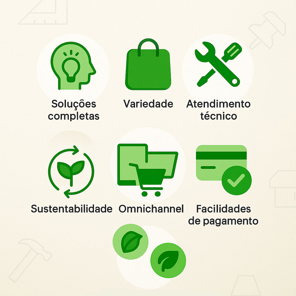 diferenciais da Leroy Merlin como soluções completas, sustentabilidade e atendimento personalizado